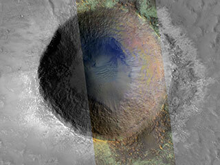 This impact crater in south Syrtis Major was captured by the HiRISE instrument on NASA’s MRO. Afterward, CRISM data was layered on top to reveal which minerals were present.