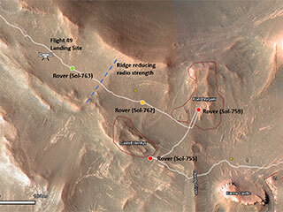This map shows the locations of the rover and helicopter leading up to Flight 50. The helicopter icon can be seen in the upper left. 