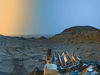 Panorama images of "Marker Band Valley" captured by Curiosity Mars rover's black-and-white navigation cameras.