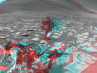 This anaglyph version of Curiosity’s panorama taken at “Sequoia” can be viewed in 3D using red-blue glasses.