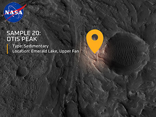Meet the 20th Martian sample collected by NASA’s Mars Perseverance rover – "Otis Peak," the first rock core sample taken from a conglomerate rock, which consists of pebbles cemented together.