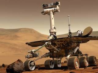 An artist's concept portrays a NASA Mars Exploration Rover on the surface of Mars.