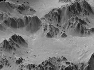 A digital terrain model generated from a stereo pair of images provides this synthesized, oblique view of a portion of the wall terraces of Mojave Crater in the Xanthe Terra region of Mars.