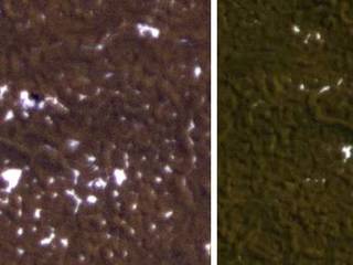 Stages in the seasonal disappearance of surface ice from the ground around the Phoenix Mars Lander are visible in these images taken on Feb. 8, 2010, (left) and Feb. 25, 2010, during springtime on northern Mars.