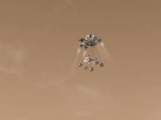Artist's concept of Curiosity as it is being lowered for landing.