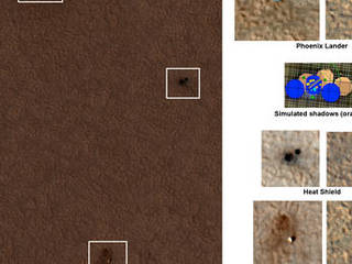 This set of images shows "before" and "after" images of NASA's Phoenix Mars Lander taken by the High Resolution Imaging Science Experiment (HiRISE) camera on NASA's Mars Reconnaissance Orbiter.