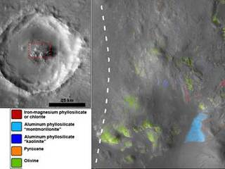 Stokes Crater, pictured here, is one of at least nine craters in the northern lowlands of Mars with exposures of hydrated minerals detected from orbit.