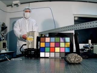 The Mars Descent Imager for NASA's Mars Science Laboratory took this image inside the Malin Space Science Systems clean room in San Diego, Calif., during calibration testing of the camera in June 2008.