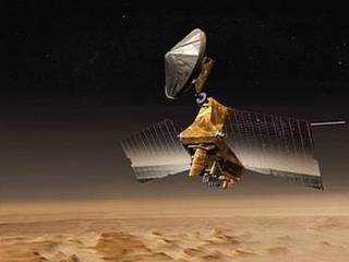 This artist's concept shows NASA's Mars Reconnaissance Orbiter mission over the red planet.