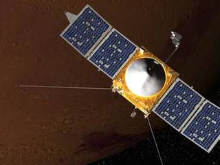 This artist's concept depicts NASA's Mars Atmosphere and Volatile EvolutioN (MAVEN) spacecraft orbiting Mars.