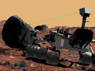 This artist's conception of NASA's Mars Science Laboratory portrays use of the rover's ChemCam instrument to identify the chemical composition of a rock sample on the surface of Mars.