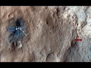 This map shows the route driven by NASA's Mars rover Curiosity through the 29th Martian day, or sol, of the rover's mission on Mars (Sept. 4, 2012).