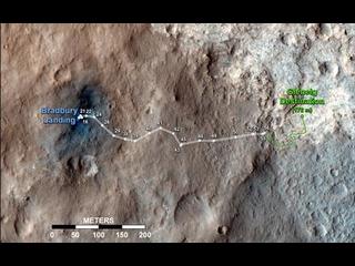 This map shows the route driven by NASA's Mars rover Curiosity through the 56th Martian day, or sol, of the rover's mission on Mars (Oct. 2, 2012).