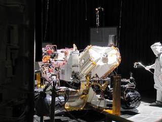 This image shows preparation for one phase of testing of the Mars Science Laboratory rover, Curiosity.