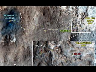 This map traces where NASA's Mars rover Curiosity drove between landing at a site subsequently named "Bradbury Landing," and the position reached during the mission's 123rd Martian day, or sol, (Dec. 10, 2012).