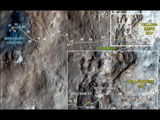 This map traces where NASA's Mars rover Curiosity drove between landing at a site subsequently named "Bradbury Landing," and the position reached during the mission's 130th Martian day, or sol, (Dec. 17, 2012).