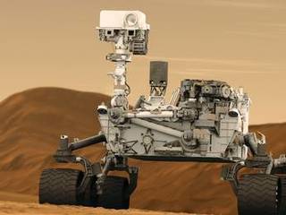 This artist concept features NASA's Mars Science Laboratory Curiosity rover, a mobile robot for investigating Mars' past or present ability to sustain microbial life.