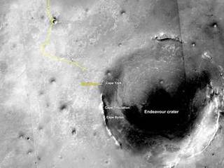 The yellow line on this map shows where NASA's Mars Rover Opportunity has driven from the place where it landed in January 2004 -- inside Eagle crater, at the upper left end of the track -- to a point about 2.2 miles (3.5 kilometers) away from reaching the rim of Endeavour crater.
