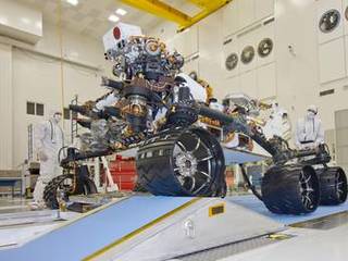 This photograph of the NASA Mars Science Laboratory rover, Curiosity, was taken during mobility testing on June 3, 2011. The location is inside the Spacecraft Assembly Facility at NASA's Jet Propulsion Laboratory, Pasadena, Calif.