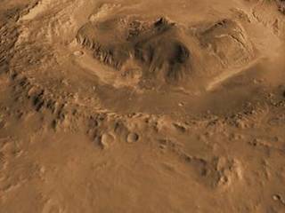 This computer-generated view based on multiple orbital observations shows Mars' Gale crater as if seen from an aircraft north of the crater.