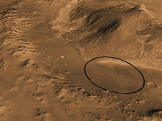 This computer-generated view based on multiple orbital observations shows Mars' Gale crater as if seen from an aircraft northwest of the crater.