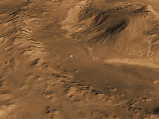 This computer-generated view based on multiple orbital observations shows Mars' Gale crater as if seen from an aircraft northwest of the crater.