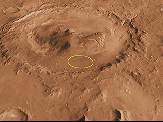 This oblique, southward-looking view of Gale crater shows the landing site and the mound of layered rocks that NASA's Mars Science Laboratory will investigate.