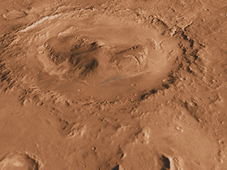This oblique, southward-looking view of Gale crater shows the mound of layered rocks that NASA's Mars Science Laboratory will investigate. The mission's selected landing site is just north of the mound inside the crater.