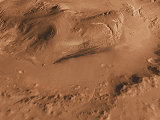 This oblique view of Gale crater shows the landing site and the mound of layered rocks that NASA's Mars Science Laboratory will investigate.