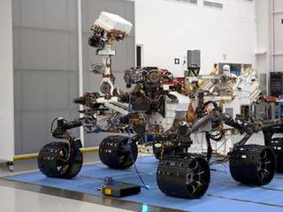 This is the left-eye member of a stereo pair of images of the Mars Science Laboratory mission's rover, Curiosity.