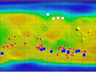 This map of Mars shows relative locations of three types of findings related to salt or frozen water, plus a new type of finding that may be related to both salt and water.