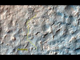 This map shows the route driven and route planned for NASA's Curiosity Mars rover from before reaching "Dingo Gap."