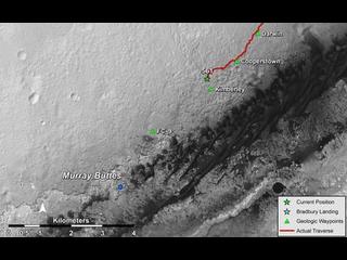 This map shows the route driven by NASA's Mars rover Curiosity through the 561st Martian day, or sol, of the rover's mission on Mars (March 5, 2014).