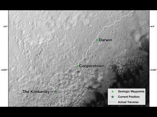 This map shows the route driven by NASA's Curiosity Mars rover from the "Bradbury Landing" location where it landed in August 2012 (the start of the line in upper right) to a major waypoint called "the Kimberley."