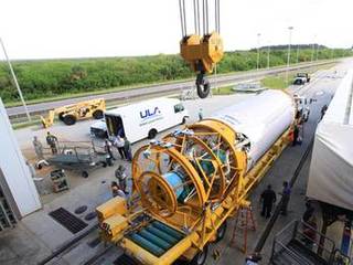 At Launch Complex 41 at Cape Canaveral Air Force Station in Florida, an overhead crane will be used to lift the Centaur upper stage for the United Launch Alliance Atlas V into the Vertical Integration Facility (VIF).