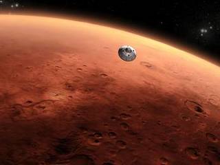 This is an artist's concept of NASA's Mars Science Laboratory spacecraft approaching Mars.