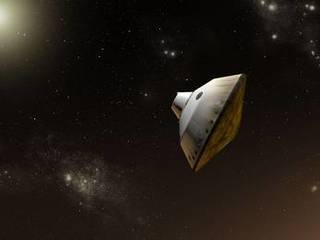 This is an artist's concept of NASA's Mars Science Laboratory aeroshell capsule as it enters the Martian atmosphere.