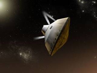 This artist's concept shows thrusters firing during the entry, descent and landing phase for NASA's Mars Science Laboratory mission to Mars.