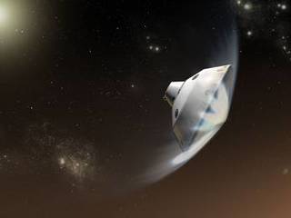 This artist's concept depicts the interaction of NASA's Mars Science Laboratory spacecraft with the upper atmosphere of Mars during the entry, descent and landing of the Curiosity rover onto the Martian surface.