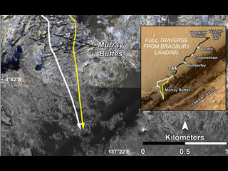 This image shows a base map of Mount Sharp with the transition between the "Murray Formation," with the rover's old path marked in white and the new path marked in yellow.