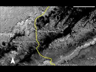 This image shows the planned route (in yellow) of NASA's Curiosity rover from "Pahrump Hills" at the base of Mount Sharp, through the "Murray Formation," and south to the hematite ridge further up the flank of Mount Sharp.  The rover's location is near Pahrump Hills noted with a green star on the top right of the image.
