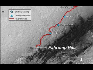 This is a gray base map of the skirt of Mount Sharp.  In red is the rover's path since landing.  Blue stars indication the major stops, Bradbury Landing, Darwin, Cooperstown, Kimberley and Pahrump Hills.