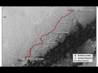 This map shows the route driven by NASA's Curiosity Mars rover from the location where it landed in August 2012 to the "Pahrump Hills" outcrop at the base of Mount Sharp.