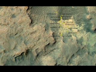 This area at the base of Mount Sharp on Mars includes a pale outcrop, called "Pahrump Hills," that NASA's Curiosity Mars rover investigated from September 2014 to March 2015, and the "Artist's Drive" route toward higher layers of the mountain.