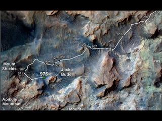 This map shows the route on lower Mount Sharp that NASA's Curiosity followed in April and early May 2015, in the context of the surrounding terrain.  Numbers along the route identify the sol, or Martian day, on which it completed the drive reaching that point, as counted since its 2012 landing.