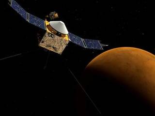 This artist's concept depicts NASA's Mars Atmosphere and Volatile EvolutioN (MAVEN) spacecraft near Mars.
