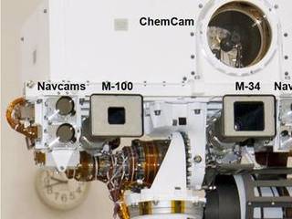 This view of the head of the remote sensing mast on the Mars Science Laboratory mission's rover, Curiosity, shows seven of the 17 cameras on the rover.
