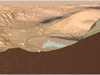 This artist's impression Mars' Gale Crater depicts a cross section through the mountain in the middle of the crater, from a viewpoint looking toward the southeast.
