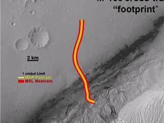A section of the Mars Science Laboratory's Gale Crater landing site is shown, with a representative path from the landing location toward the layered mound to the south.