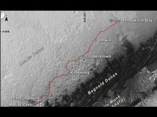 This map shows the route driven by NASA's Curiosity Mars rover from the location where it landed in August 2012 to its location in December 2015, at examples of the Bagnold Dunes.